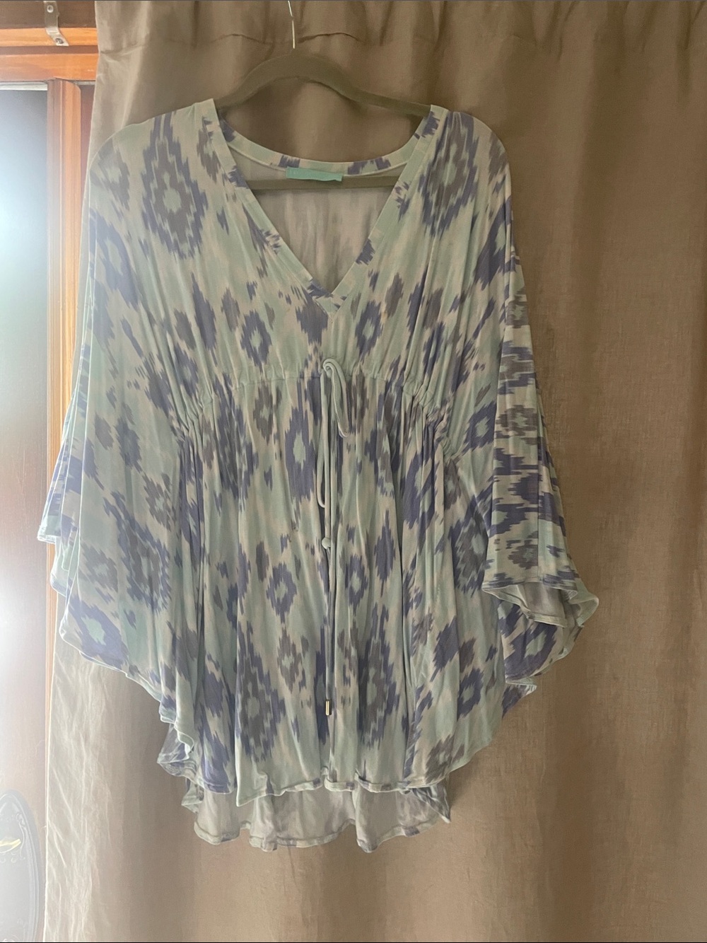 Light Blue and Lavender Ikat Print Women's V-Neck drawstring waist cover up .